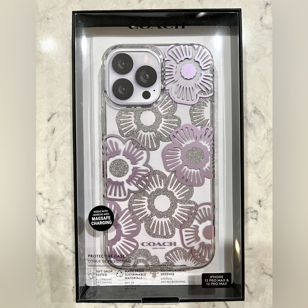 New Coach NY Hardshell MagSafe Compatible Case iPhone 13 Pro Max Purple Floral